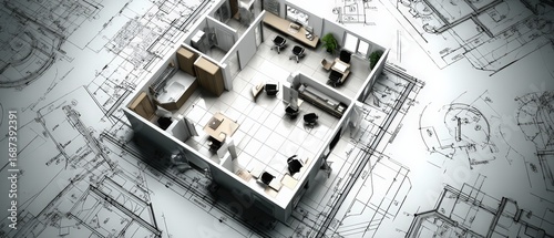 Fototapeta Naklejka Na Ścianę i Meble -  Detailed 3D architectural office interior design model with furniture and layout on blueprint background
