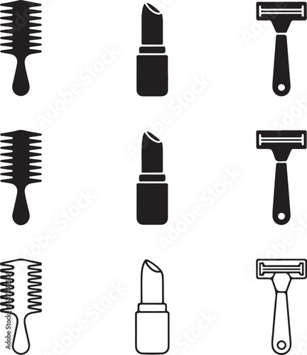 Three rows of three grooming and beauty icons including combs lipsticks and razors comb icon lipstick icon
