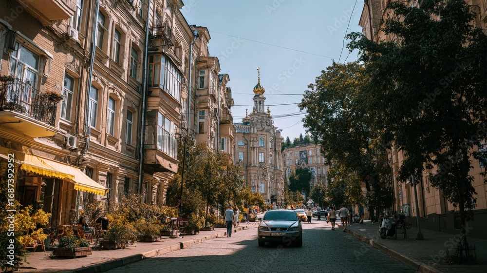Naklejka premium Urban Landscape with Historic Architecture, Sunny Street Scene, featuring a Car Driving on the Road