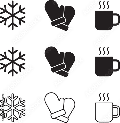 Winter icons set with snowflakes mittens and steaming mugs on white background Keywords: winter, snow, snowflake, cold, ice, weather, season, mittens, gloves, warm, cozy, mug, cup, hot drink
