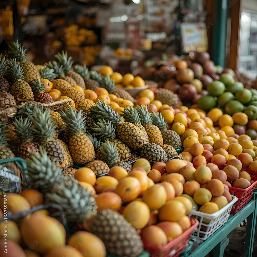 Fototapeta premium Vibrant Fruit Stand Display: A colorful display of various tropical fruits like pineapple, mangoes, oranges, and other seasonal harvest at a local market, presenting the essence of fresh produce.