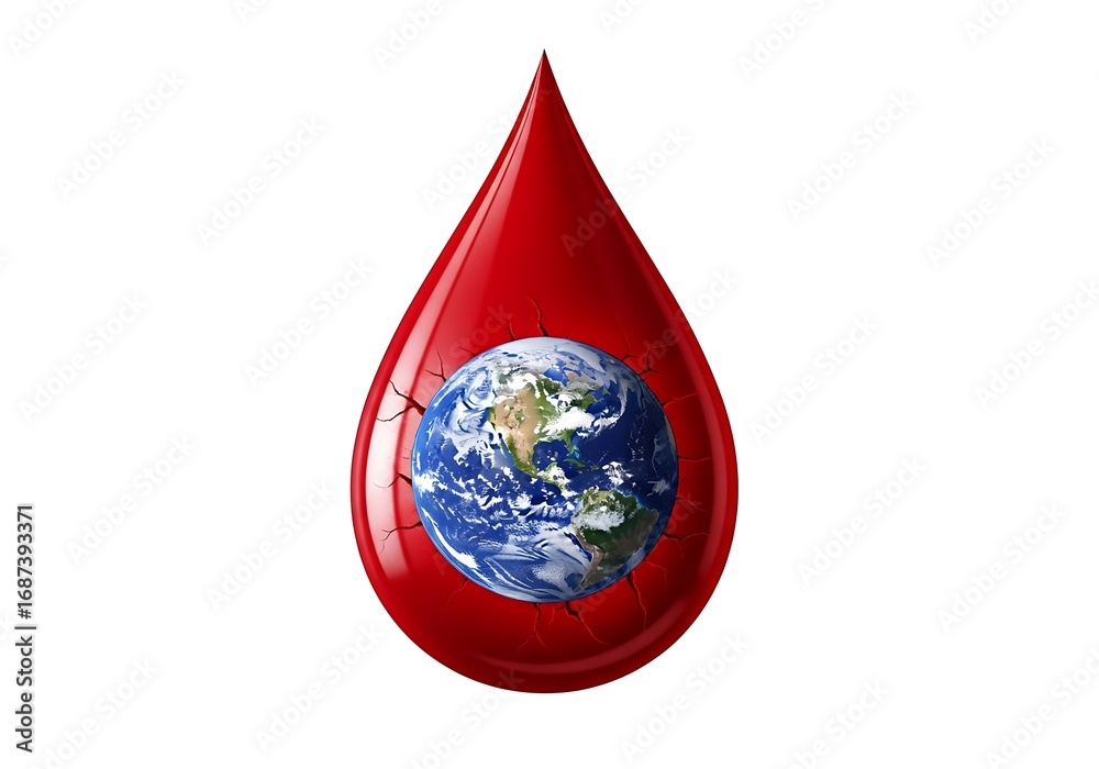 Obraz premium Red blood drop containing planet earth symbolizing global health and life support white background