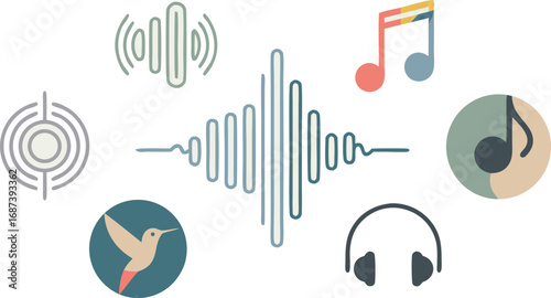 Sound and Music Icons Frequency Wave, Notes, Headphones, Bird, and Signal Illustration