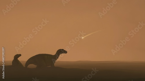 Fototapeta Naklejka Na Ścianę i Meble -  Ancient dinosaurs witness a fiery meteor streaking across a desolate prehistoric sky