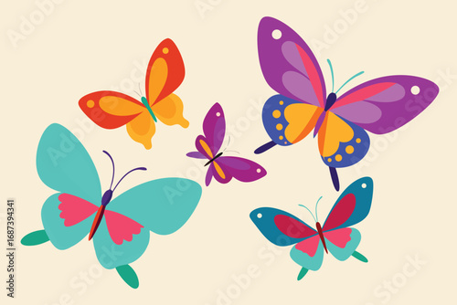 Vector art of vibrant butterfly group, featuring a kaleidoscope of colors and dynamic poses, perfect for adding a lively touch to any design
