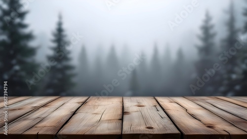 An empty wooden table top provides a perfect platform for product display against a blurred, misty winter forest background. Ideal for seasonal holiday mockups and presentations