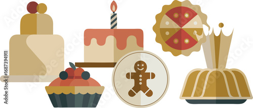 Stylized Cakes and Baked Goods Including Bundt Cake, Gingerbread Man, Pie Slice, Cupcake
