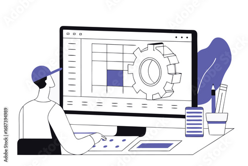 Person wearing a cap working on a computer with a gear design on the screen and pencils in a pot