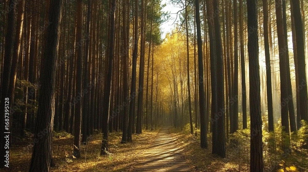 Fototapeta premium Autumn Forest Path: Sunlit Woods