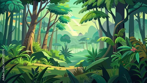 Artistic design of a tropical forest landscape created as a mural wallpaper, featuring dense green jungle trees, exotic plants, and soft sunlight filtering through the canopy