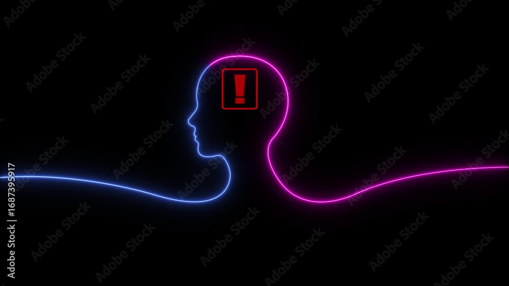 Neon glowing warning icon inside man head icon, danger warning sign ...