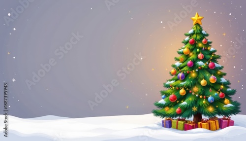 create a cheerful cartoon style image featuring a christmas tree decorated with traditional holiday ornaments and lights