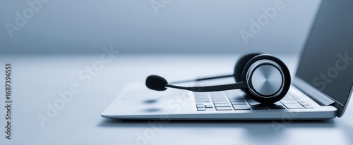 The sleek headset resting on a modern laptop for communication and productivity.