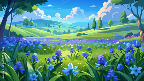 Photograph of a wide open field filled with vibrant bluebell flowers blooming across a lush green grassy landscape, soft natural sunlight highlighting the vivid colors