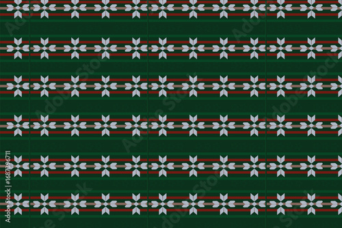 Geometric Floral  over classic green plaid Plush Velvet Bow and Classic Plaid Background Christmas Seamless Pattern On Dark Green Background