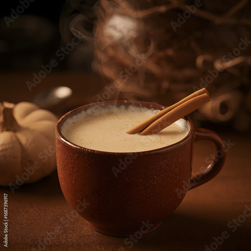 Warm Comfort: A steaming cup of a cinnamon stick-adorned delight rests on a surface, inviting one to partake in the comforting warmth of autumn. 