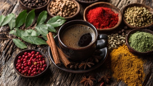 Close-up of a black coffee cup surrounded by colorful spices and herbs on a rustic wooden surface for aromatic beverage display
