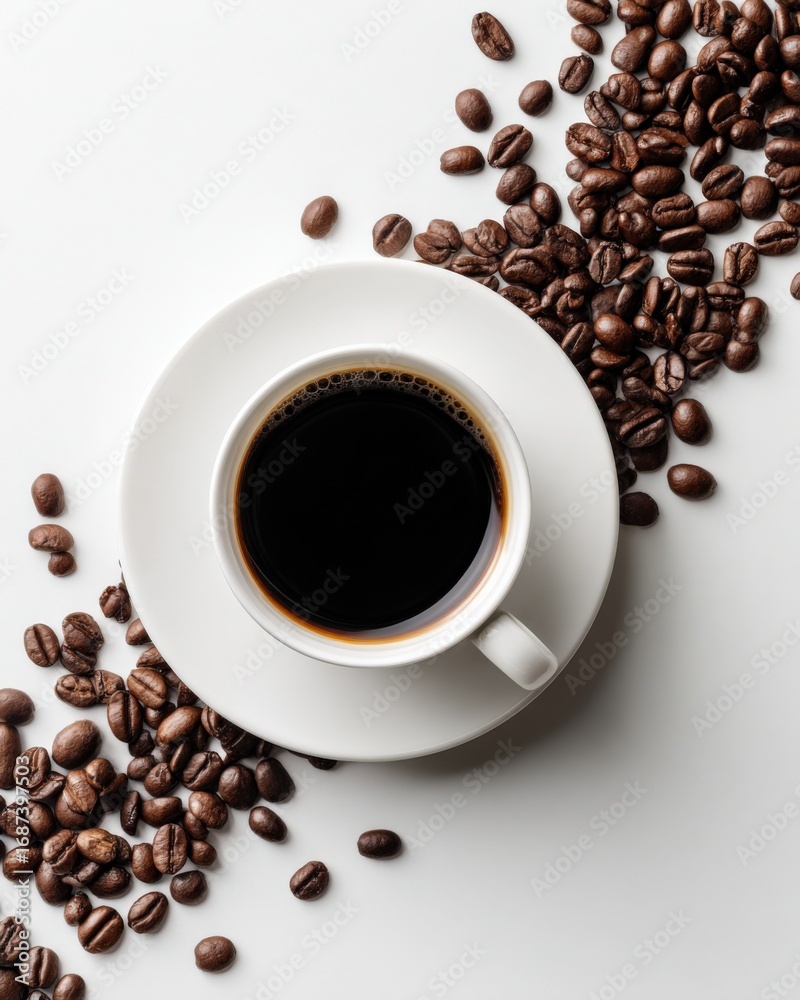 Obraz premium Overhead shot of coffee cup surrounded by coffee beans on white background, representing morning routine