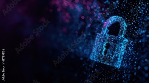glowing digital padlock particles dark