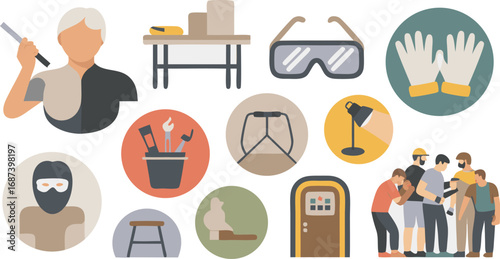 Varied Craftsman Toolkit Featuring a Woodworker, Worktable, Safety Glasses, and Group of Professionals a Flat Design