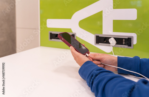 I charge my device at a charging point at the airport.