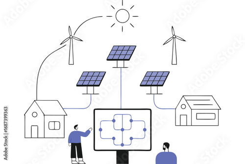 Illustration of a smart grid system with solar panels wind turbines and houses connected to a central monitor