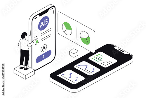 Isometric illustration of a person interacting with a smartphone displaying A/ B testing data and analytics on another phone