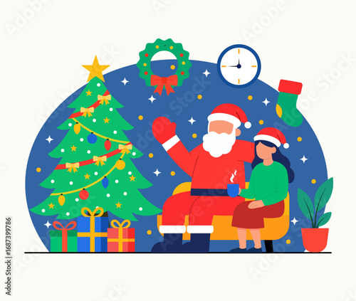 Santa Claus with a girl sit on next to a Christmas Tree