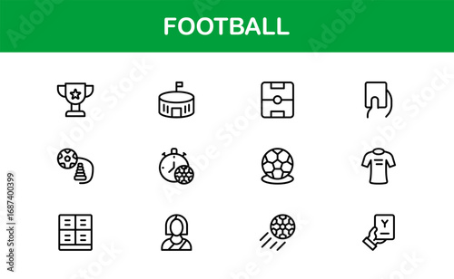 Football Line Icon Set – Professional Modern Vector Symbols for Sports Enthusiasts, Minimal Outline Icons for Club, League, and Tournament Designs