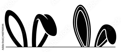 Black and white illustration of bunny ears peeking over a line