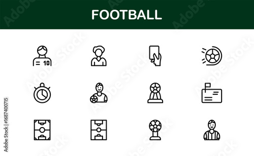 Football Line Icon Set – Professional Modern Vector Symbols for Sports Enthusiasts, Minimal Outline Icons for Club, League, and Tournament Designs