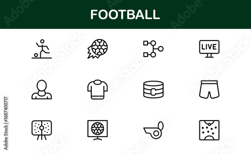 Football Line Icon Set – Professional Modern Vector Symbols for Sports Enthusiasts, Minimal Outline Icons for Club, League, and Tournament Designs