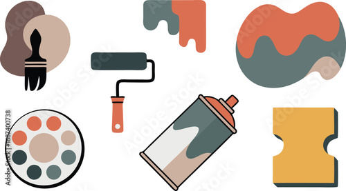 Various Painting Supplies and Color Swatches in Artistic Flat Design Illustration on White Background