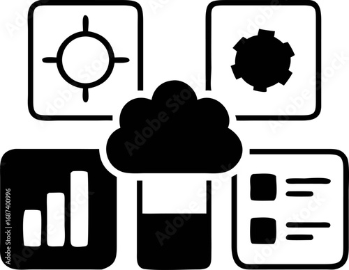 Black and White Data Processing Iconography Analytics, Settings, Location, Cloud, and Reporting Icons on White Background