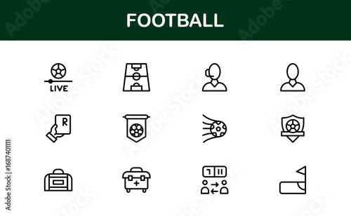 Football Line Icon Set – Professional Modern Vector Symbols for Sports Enthusiasts, Minimal Outline Icons for Club, League, and Tournament Designs