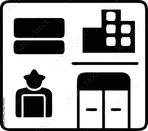 A black glyph icon collection for hotel and building services, featuring a doorman, elevator, and room amenities symbols