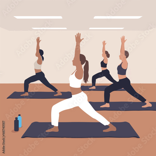 Group of women practicing yoga poses in studio with water bottle on floor