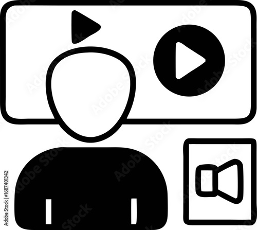 User watching video on a screen with play button and volume icon, symbolizing digital content consumption and media playback experience