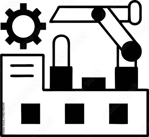 Industrial manufacturing vector illustration, an automated factory with a robotic arm and gears