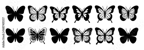 Collection of Black and White Butterfly Silhouettes and Line Art