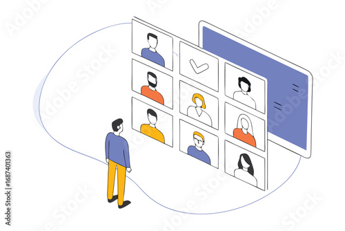 Person with headphones looking at a large screen displaying a grid of video call participants conference
