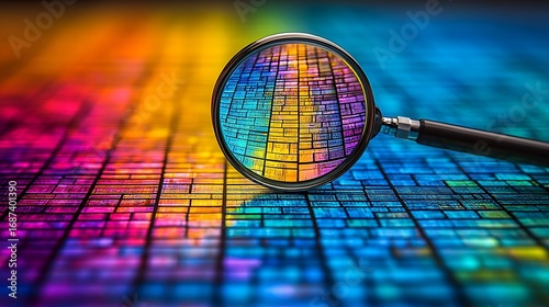 Magnifying Glass Inspecting Colorful Microchip Circuit Board Technology Background.