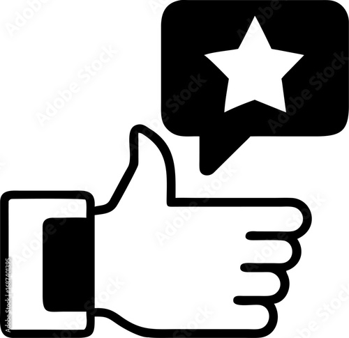 Positive feedback icon with a thumbs-up and star rating, representing customer satisfaction, service quality, and online review success