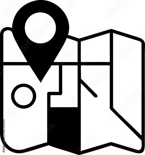 A minimalist monochrome illustration of a map with a location marker, perfect for travel, navigation, and direction-related design projects