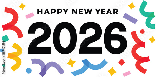 Happy New Year Celebration for 2026 with Confetti and Stars