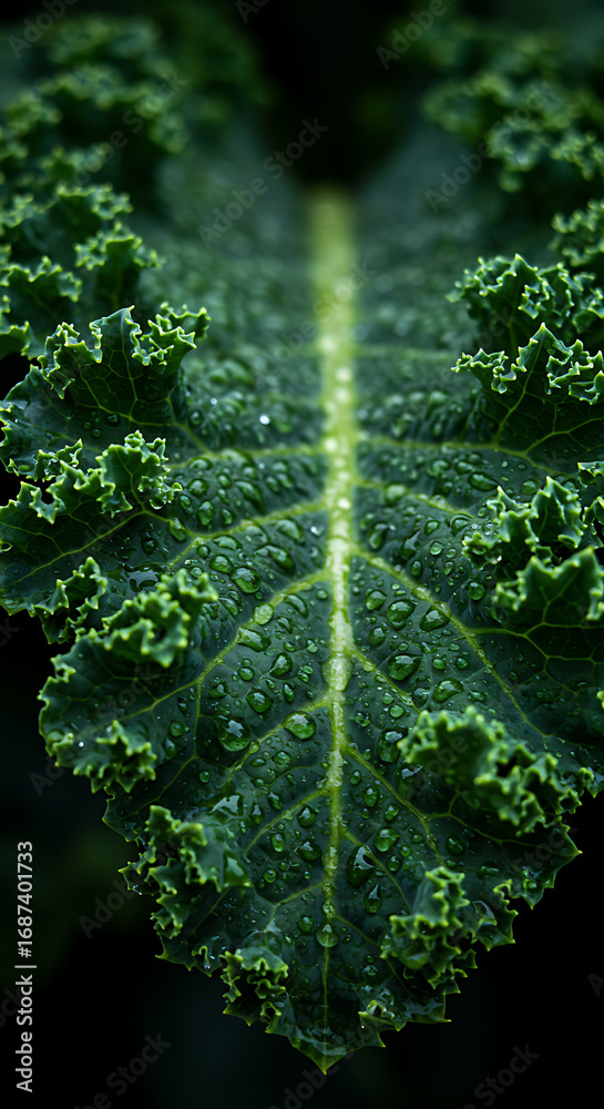 Obraz premium Close-up of a lush, dark green kale leaf with water droplets.