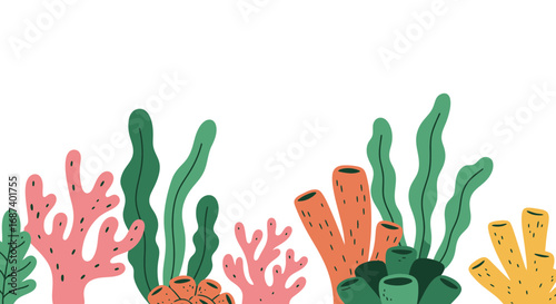 Colorful coral reef illustration with algae and copy space perfect for designs