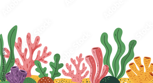 Vibrant Coral Reef Illustration with Colorful Corals and Seaweed Decoration