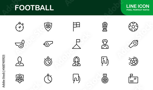 Football Line Icon Set – Professional Modern Vector Symbols for Sports Enthusiasts, Minimal Outline Icons for Club, League, and Tournament Designs