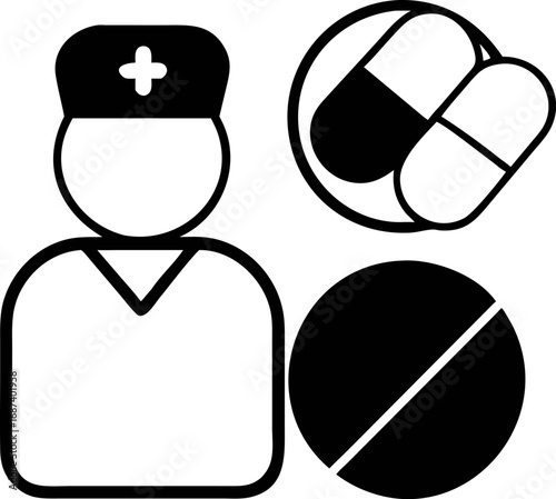Minimalist black line icon set for medical concepts, featuring a doctor, prescription capsules, and a round pill illustration